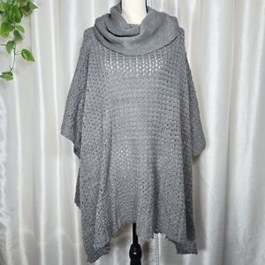 Women's Gray Knit Pullover Shawl Sweater Cowl Neck Crochet Chunky Poncho OS